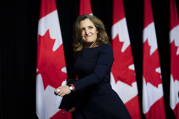 FILE - Deputy Prime Minister and Minister of Finance Chrystia Freeland holds a press conference in Ottawa, Ontario, on Tuesday, April 16, 2024. Canada?s government is investigating whether to impose a ...