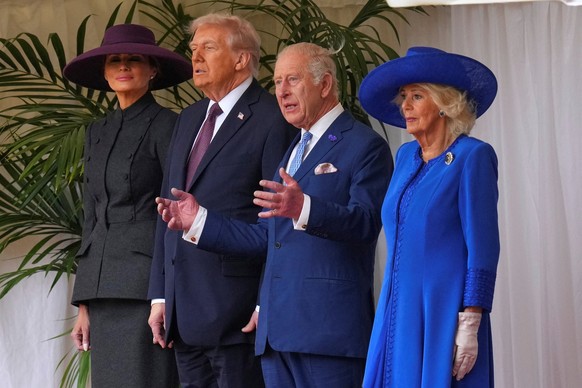 The Prince and Princess of Wales during the ceremonial welcome at Windsor Castle, Berkshire, on day one of the president&#039;s second state visit to the UK. Picture date: Wednesday September 17, 2025 ...