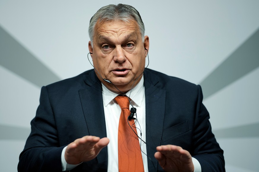 FILE -Hungarian Prime Minister Viktor Orban speaks during a panel discussion organised by publisher houses about 'Storm over Europe - the Ukraine war, the energy crisis and geopolitical challenge ...