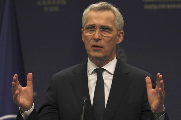 NATO Secretary General Jens Stoltenberg speaks at a joint press conference with Turkey&#039;s Foreign Minister Mevlut Cavusoglu after their talks in Ankara, Turkey, Thursday, Feb. 16, 2023. Stoltenber ...