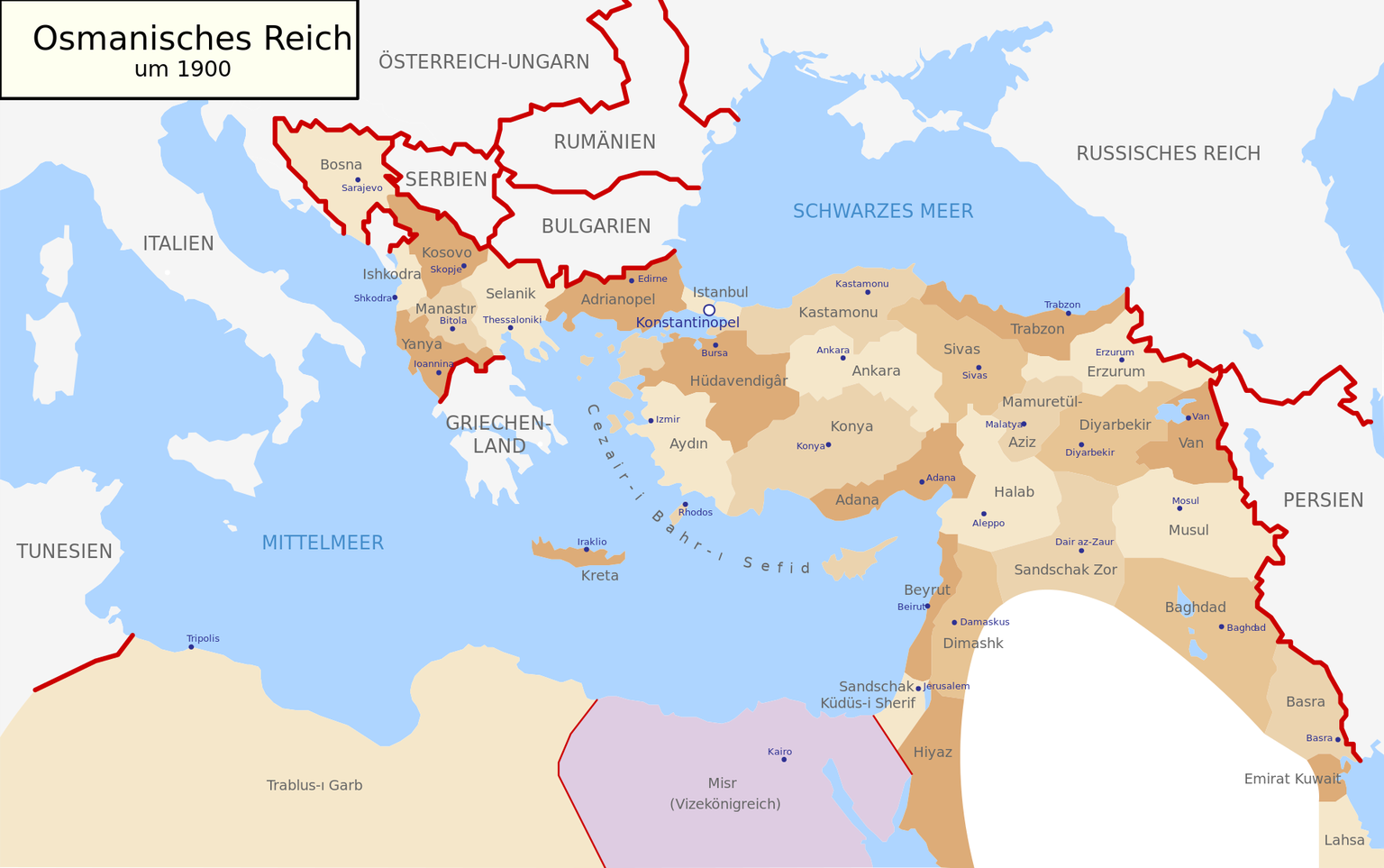 Das Osmanische Reich um 1900
https://de.wikipedia.org/wiki/Osmanisches_Reich#/media/Datei:Map-of-Ottoman-Empire-in-1900-German.svg