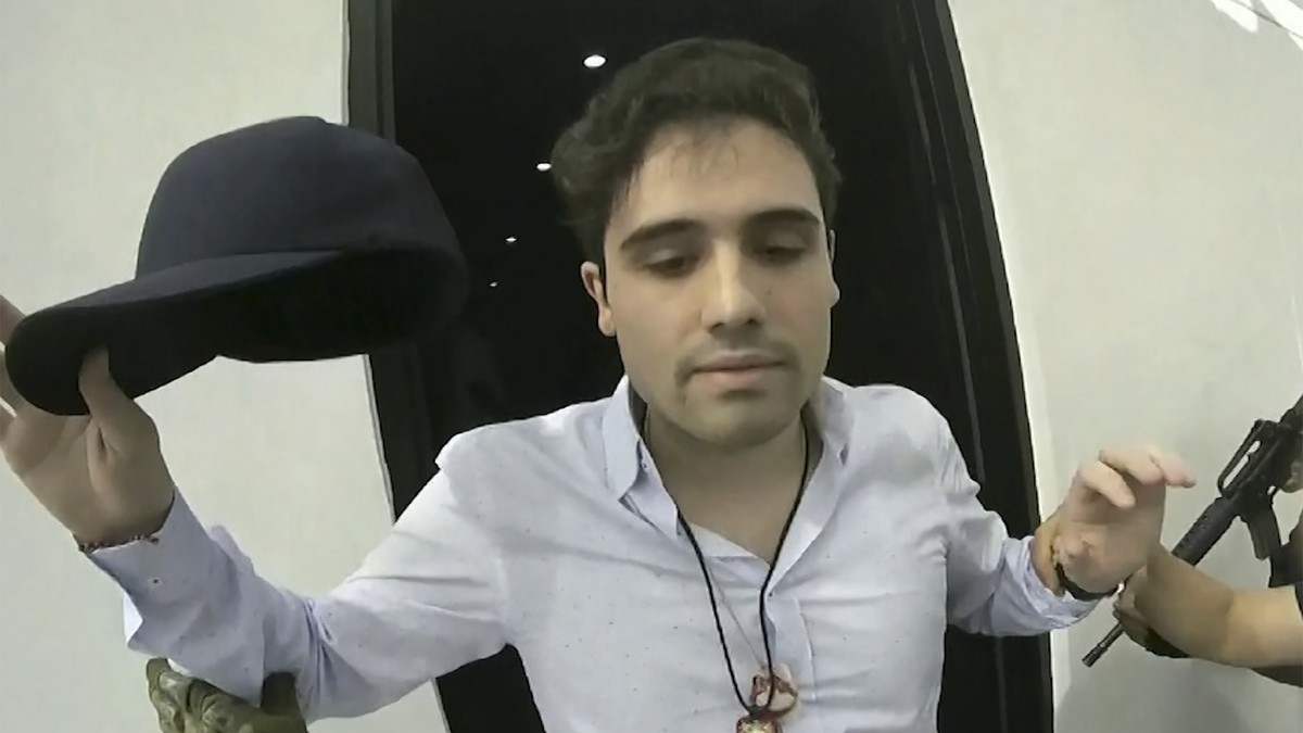 FILE - This Oct. 17, 2019 frame grab from video provided by the Mexican government shows Ovidio Guzman Lopez at the moment of his detention, in Culiacan, Mexico. Mexican security forces were forced to ...