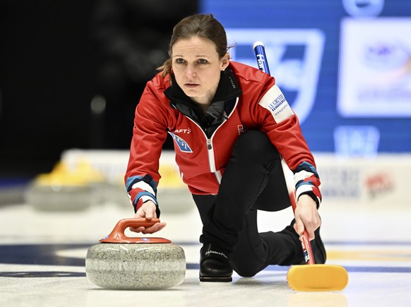 Norway&#039;s Marianne Rorvik in action during the gold medal match between Norway and Switzerland of the LGT World Women&#039;s Curling Championship at Goransson Arena in Sandviken, Sweden, Sunday, M ...