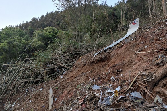 In this photo taken by mobile phone released by Xinhua News Agency, a piece of wreckage of the China Eastern&#039;s flight MU5735 are seen after it crashed on the mountain in Tengxian County, south Ch ...