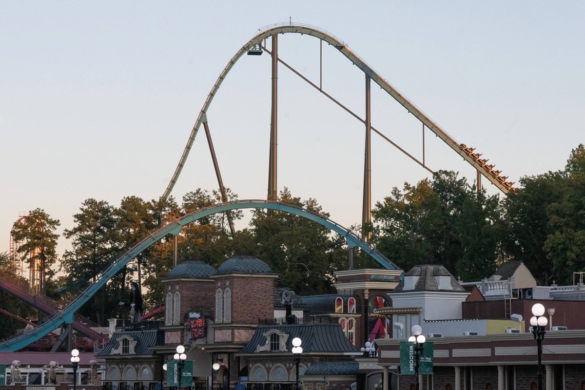 October 12, 2026, Austell, Georgia, USA: The Goliath roller coaster at Six Flags Over Georgia. Six Flags says it has temporarily closed nine rides across the country after a man died and several other ...