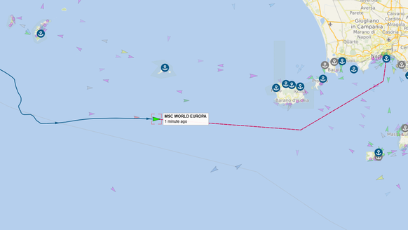 Der Kurs der MSC World Europa, Havarie am 25.08.2025. (cpf)
