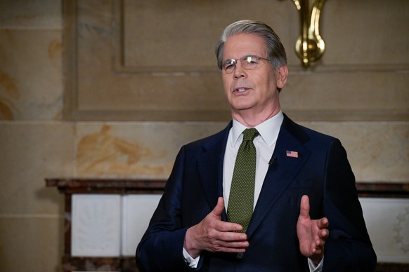Secretary of the Treasury Scott Bessent speaks during an interview following President Donald Trump's State of the Union address to a joint session of Congress in the House chamber at the U.S. Ca ...