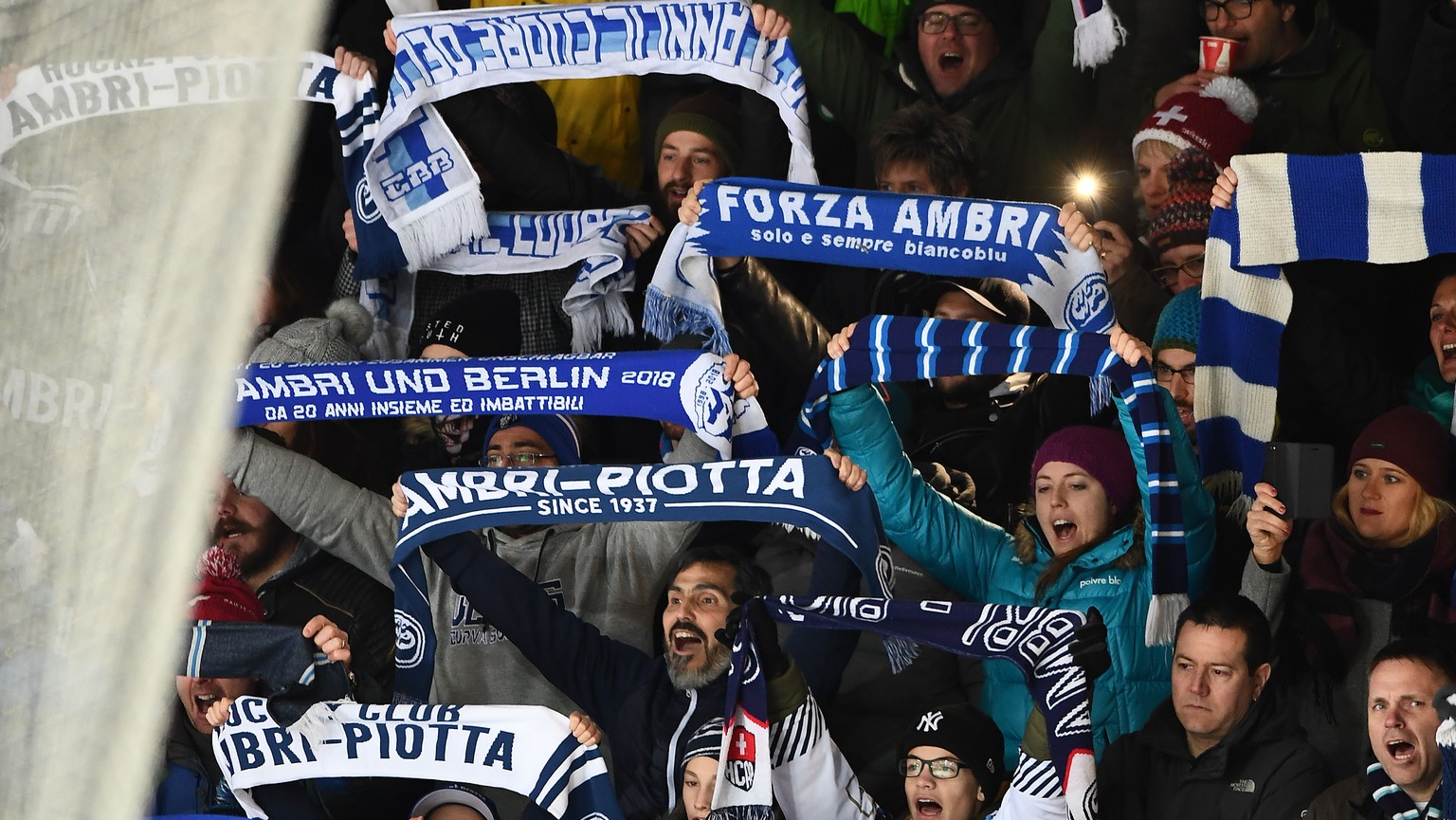 Ambri’’s fans celebrate victory at the end of the preliminary round game of National League Swiss Championship 2018/19 between HC Ambri Piotta and SCL Tigers, at the Valascia Stadium in Ambri, Switzer ...