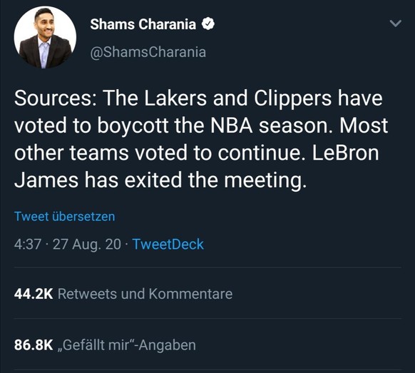 Der US-Sport steht still: Proteste gegen Polizeigewalt lösen Kettenreaktion aus
Sehr richtig und sehr wichtig!
Der NBA blieb übrigens nichts anderes übrig als abzusagen und zu verschieben. Nach den B ...