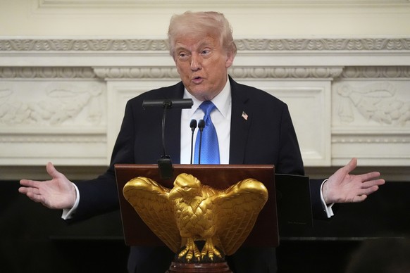 President Donald Trump speaks during a Kennedy Center board dinner in the State Dining Room at the White House, Monday, May 19, 2025, in Washington. (AP Photo/Manuel Balce Ceneta)
Trump