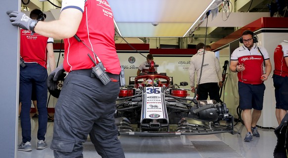 epa08291992 (FILE) - A Mechanic closes the garage of German Formula 2 driver Mick Schumacher during in-season testing for Alfa Romeo Racing at the Sakhir circuit near Manama, Bahrain, 03 April 2019 (r ...