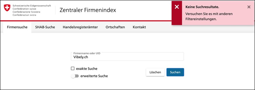 Screenshot: Zentraler Firmenindex, kein Treffer zu vibely.ch.