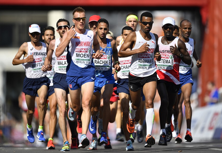 Norway&#039;s Sondre Nordstad Moen, Italy&#039;s Yassine Rachik, Switzerland&#039;s Tadesse Abraham and Austria&#039;s Lemawork Ketema, from left, compete in the men&#039;s marathon at the European At ...