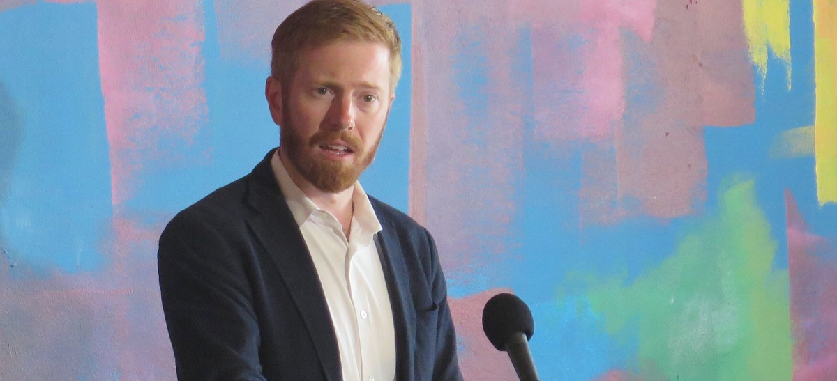 In this July 25, 2022 photo, Michigan's 3rd District Congressional Republican Rep. Peter Meijer answers questions at the West Michigan Hispanic Chamber of Commerce in Grand Rapids, Mich. ahead of ...