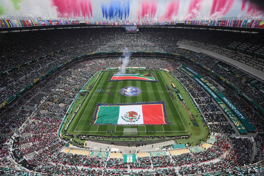 Fireworks explode over the Mexico City stadium ahead of the World Cup Group A soccer match between Mexico and South Africa in Mexico City, Thursday, June 11, 2026. (AP Photo/Antonio Felix)
South Afric ...