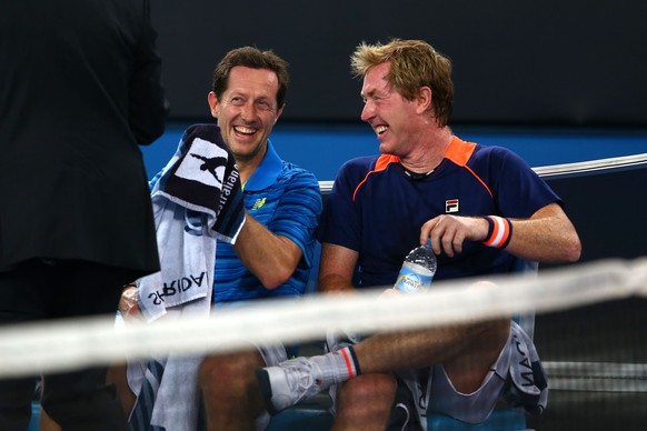 (FILE PHOTO) FILE - Former Swedish Player Jonas Bjorkman To Join Andy Murray Coaching Team For Trial. MELBOURNE, AUSTRALIA - JANUARY 26: Mark Woodforde of Australia and Jonas Bjorkman of Sweden in act ...