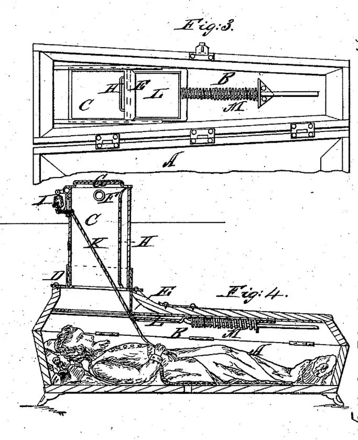Entwurf aus dem Jahr 1868 eines Sicherheitssargs von Franz Vester aus Newark, New Jersey.