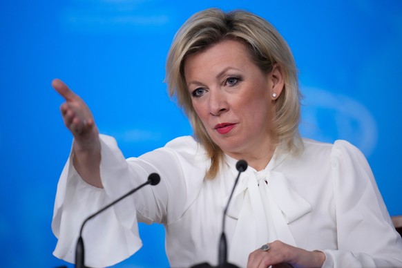 Russia's Foreign Ministry Spokeswoman Maria Zakharova gestures as she attends Russian Foreign Minister Sergey Lavrov's annual news conference, in Moscow, on Tuesday, Jan. 20, 2026. (AP Photo ...
