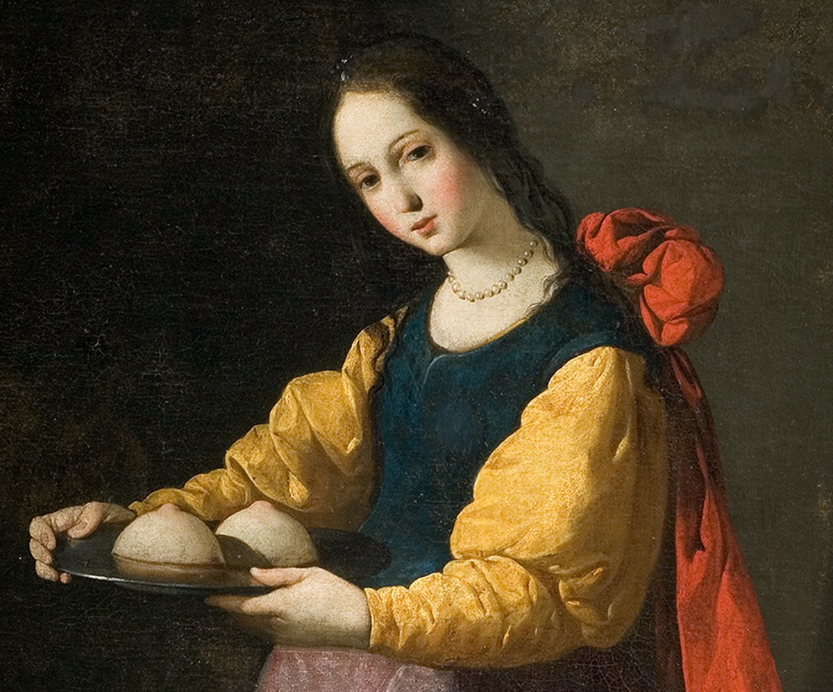 Francisco de Zurbarán: «die heilige Hl. Agatha»: Der Überlieferung nach war Agatha von Catania eine sizilianische Märtyrerin. Sie lehnte den Heiratsantrag des heidnischen Statthalters ab, da sie die J ...