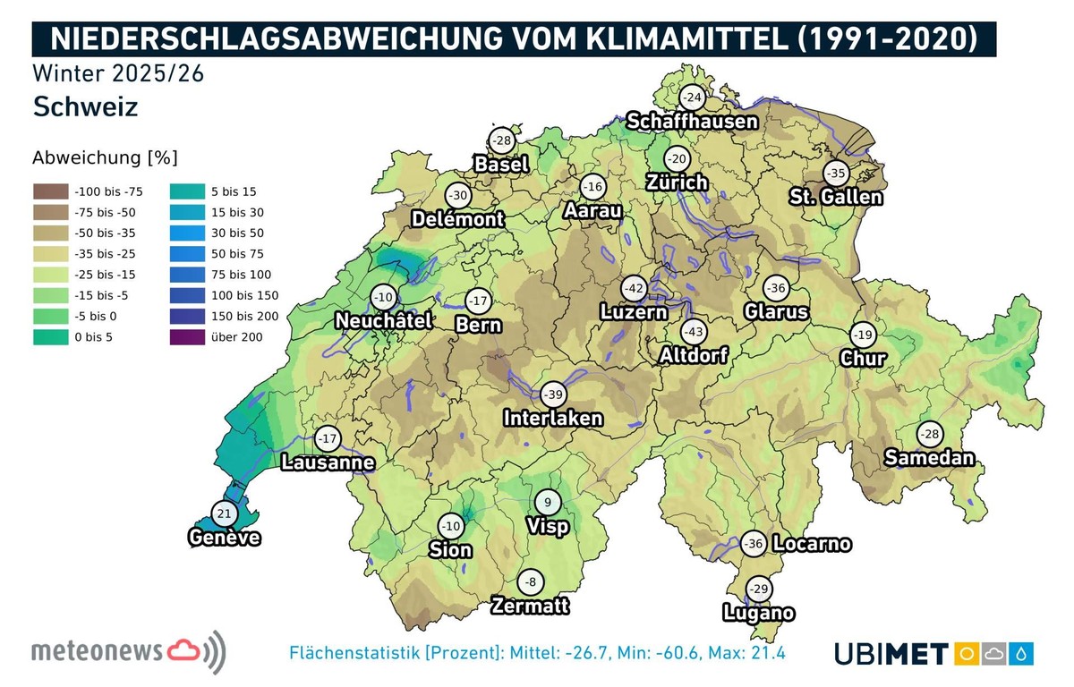 Niederschlagsabweichung im Winter 2025/2026 verglichen mit der Norm der Jahre 1991-2020