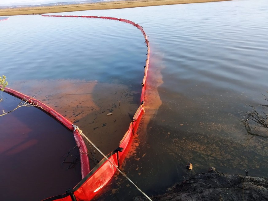 epa08464352 An undated handout photo made available on 04 June 2020 by the press service of the Marine Rescue Service of Russia (MRS or Morspassluzhba in Russian) shows booms installed by oilskimmer r ...