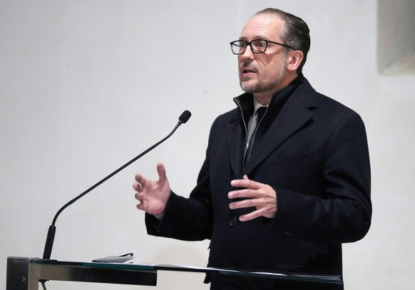 epa09559614 Austria Chancellor Alexander Schallenberg addressing a ceremony in Vienna&#039;s Ruprechtskirche, Austria 02 November 2021, marking the first anniversary of the Vienna terror attacks. Four ...