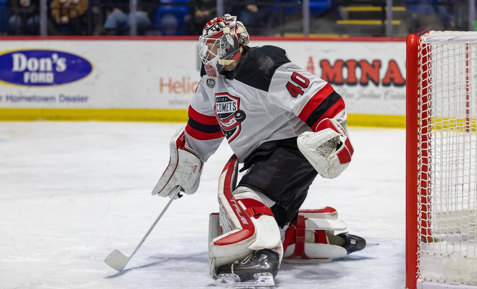 AHL 2024: COMETS VS ROCKET JAN 7TH January 7th, 2024: Utica Devils goaltender Akira Schmid 40 makes a save in the first period against the Laval Rocket. The Utica Comets hosted the Laval Rocket in an  ...