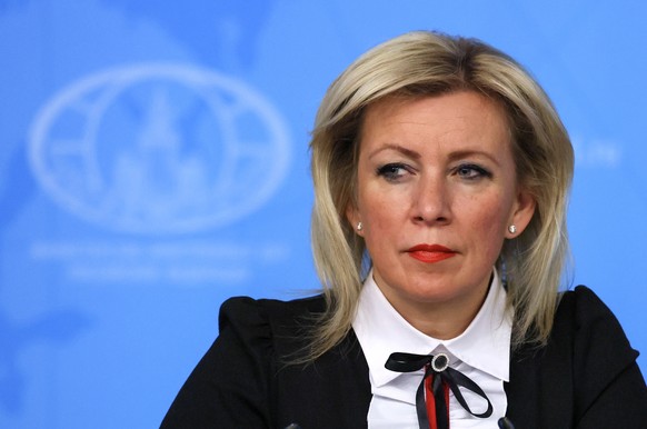 epa11823540 Russian Foreign Ministry spokeswoman Maria Zakharova looks on as she attends the annual news conference of Russian Foreign Minister Sergei Lavrov (not pictured) in Moscow, Russia, 14 Janua ...