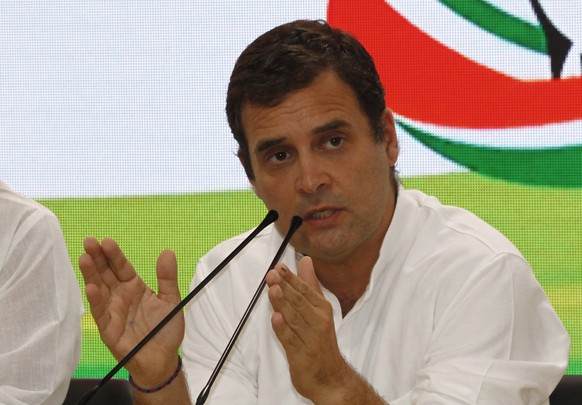 epa07594744 Congress party president Rahul Gandhi speaks during a press conference in New Delhi, India, 23 May 2019. Rahul Gandhi, conceding defeat has congratulated Indian Prime Minister Narendra Mod ...