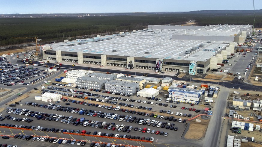 The construction site of the new Tesla Gigafactory for electric cars is pictured in Gruenheide near Berlin, Germany, Friday, March 18, 2022. (AP Photo/Michael Sohn)