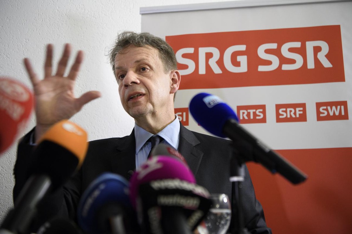 Gilles Marchand, Generaldirektor des SRG SSR, spricht an einem Point de Presse zur "No Billag Initiative", am Sonntag, 4. Maerz 2018 in Bern. Die Schweizer Stimmbevoelkerung entscheidet heut ...