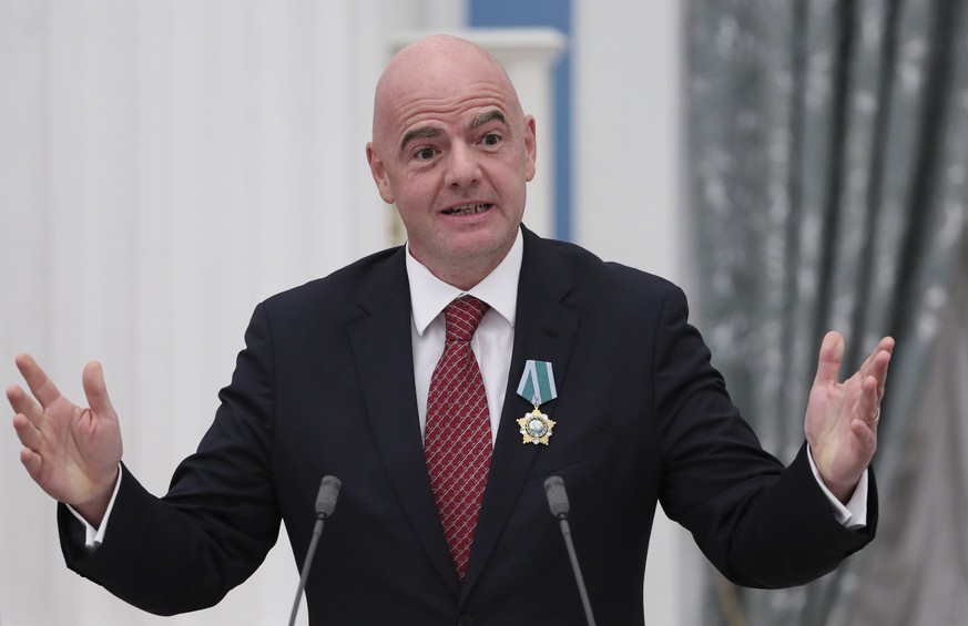 FIFA President Gianni Infantino gestures during an awarding ceremony in the Kremlin in Moscow, Russia, Thursday, May 23, 2019. Putin awarded FIFA President Gianni Infantino with the Order of Friendshi ...