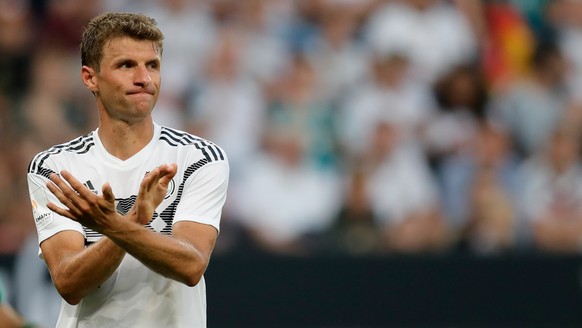 epa06795070 Germany&#039;s Thomas Mueller reacts during the international friendly soccer match between Germany and Saudi Arabia in Leverkusen, Germany, 08 June 2018. EPA/RONALD WITTEK