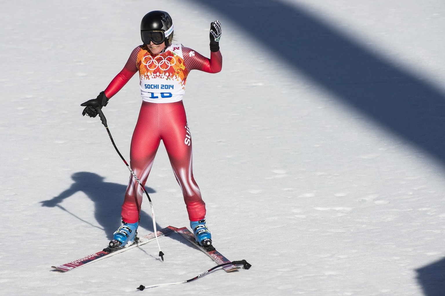 Lara Gut of switzerland reacts during the women&#039;s alpine skiing downhill race at the XXII Winter Olympics 2014 Sochi in Krasnaya Polyana, Russia, on Wednesday, February 12, 2014. (KEYSTONE/Jean-C ...