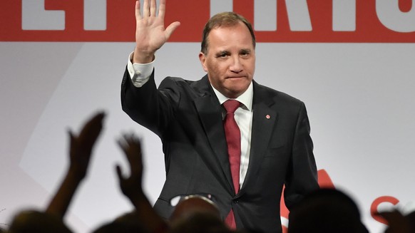 Prime minister and party leader of the Social Democrat party Stefan Löfven waves at an election party in Stockholm, Sweden, Sunday, Sept. 9, 2018. Preliminary results of the 2018 Swedish parliamentary ...