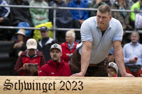 Pirmin Reichmuth reagiert beim Unspunnen-Schwinget 2023, am Sonntag, 27. August 2023 auf der Hoehenmatte, in Interlaken. Das Unspunnenfest findet alle sechs Jahre statt und gilt nach dem Eidgenoessisc ...