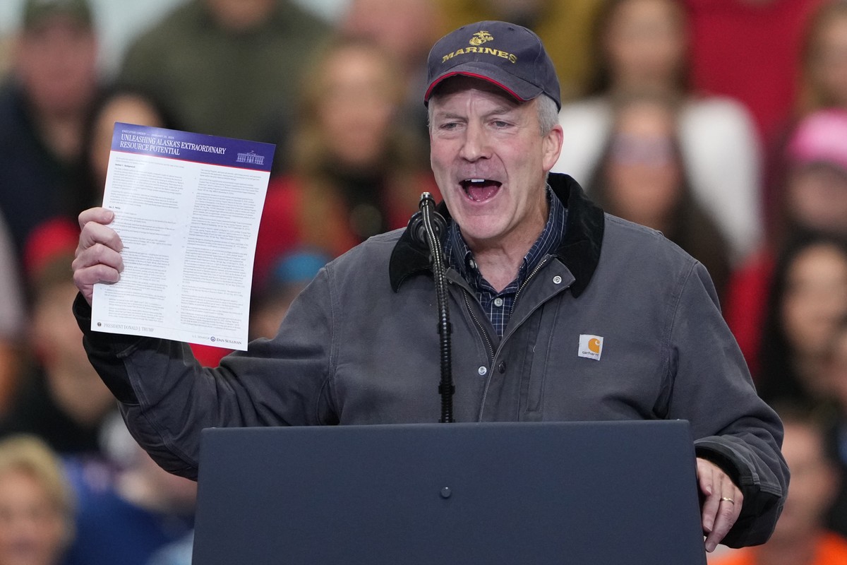 Sen. Dan Sullivan, R-Alaska, speaks before President Donald Trump arrives at a campaign rally at the Curtis D. Menard Memorial Sports Center, Tuesday, Oct. 13, 2026, in Wasilla, Alaska. (AP Photo/Lind ...