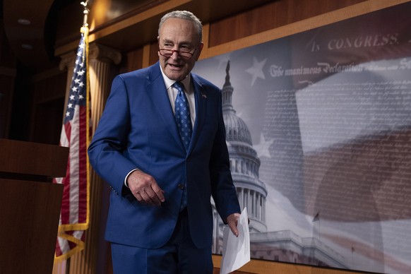 epa10110701 Senate Majority Leader Chuck Schumer concludes a news conference after the Senate passed the Inflation Reduction Act during a marathon voting session known as a &#039;vote-a-rama&#039;, on ...
