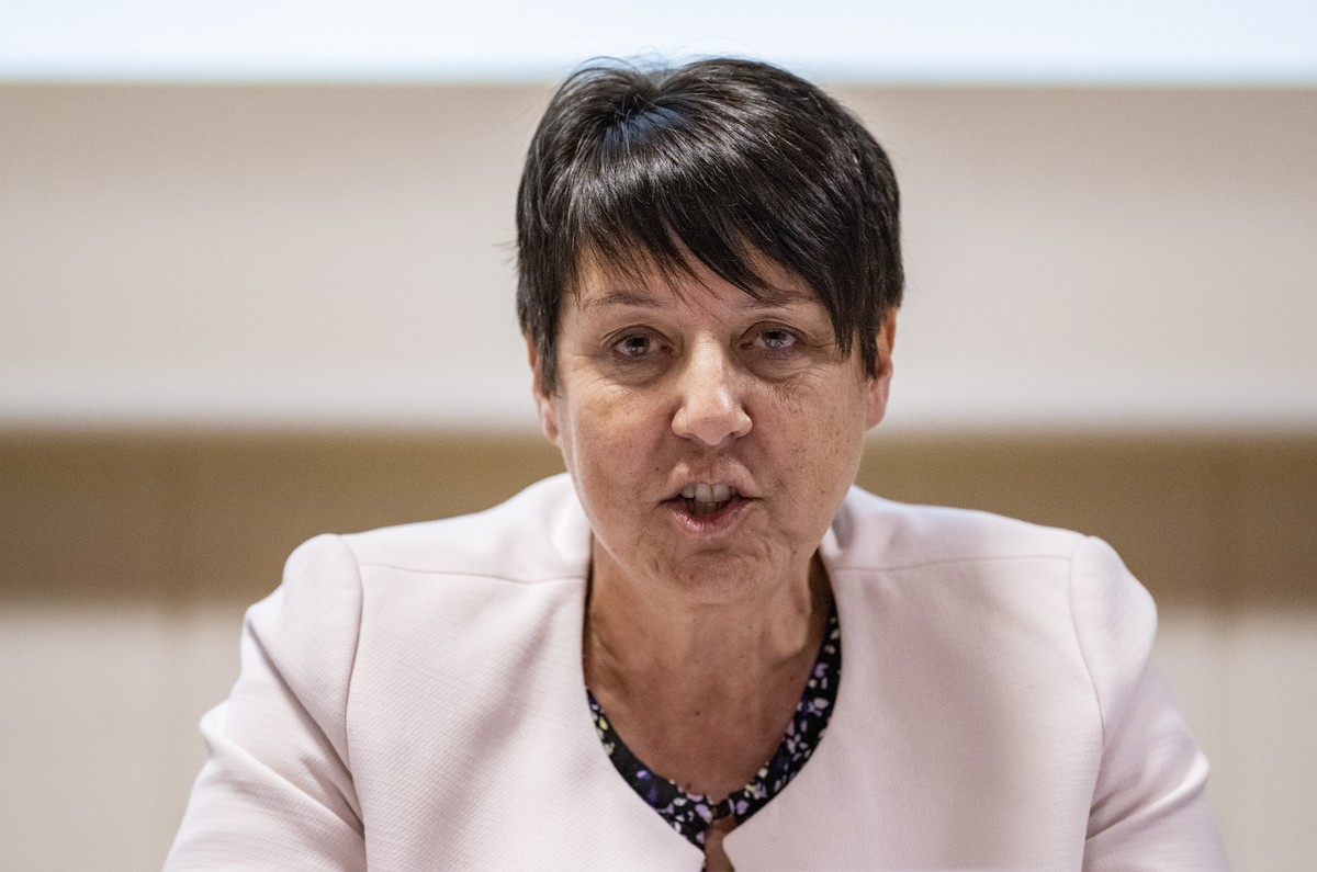 Die Schwyzer Regierungsraetin Petra Steiman-Rickenbacher anlaesslich des traditionellen Mediengespraechs des Regierungsrats des Kanton Schwyz vom Dienstagg, 23. Januar 2024 in Einsiedeln.(KEYSTONE/Urs ...