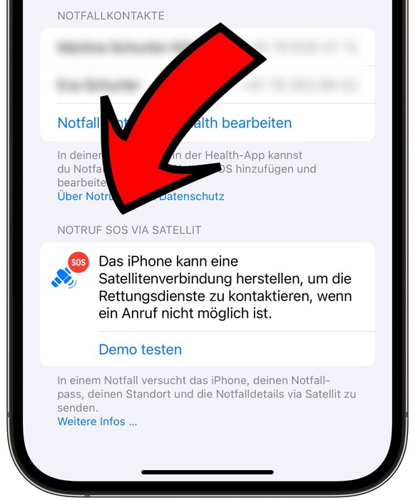 Screenshot iPhone: Notruf SOS via Satellit, &quot;Demo testen&quot;.