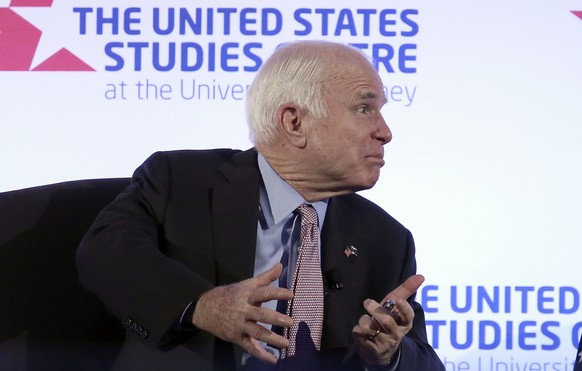 U.S. Sen. John McCain has a discussion after delivering a speech at the invitation of the United States Studies Centre in Sydney, Tuesday, May 30, 2017. In February, the Republican senator leaped to A ...