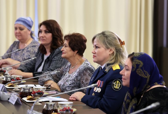 From left, Suna Nabieva of Kaspiysk, Republic of Dagestan, Elena Nikulnikova of Lipki, Tula Region, Nina Pshenichkina of Kirovsk, Luhansk People&#039;s Republic, Lyubov Rubanik of St. Petersburg, and  ...