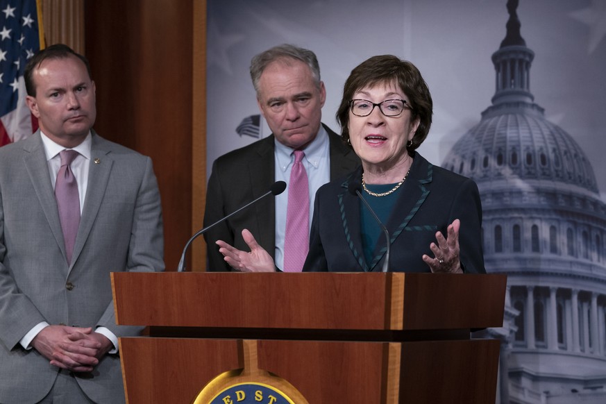 From left, Sen. Mike Lee, R-Utah, Sen. Tim Kaine, D-Va., and Sen. Susan Collins, R-Maine, speak to reporters just after the Senate advanced a bipartisan resolution asserting that President Donald Trum ...