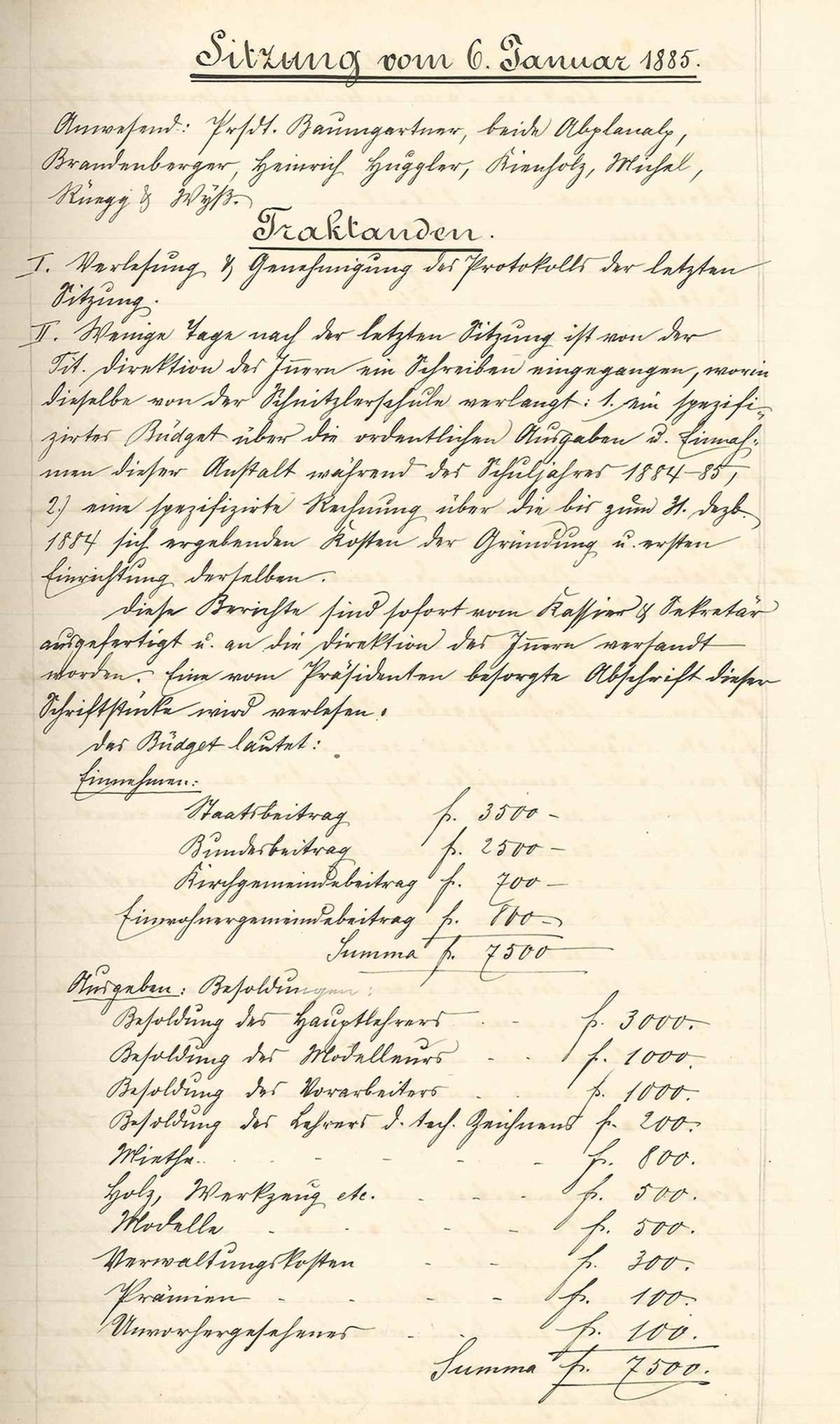 Protokoll der Sitzung des Verwaltungsrats der Schnitzlerschule Brienz vom 6. Januar 1885. Das Gesamtbudget für das Schuljahr 1884/85 betrug 7500 Franken, davon stammten 2500 vom Bund.