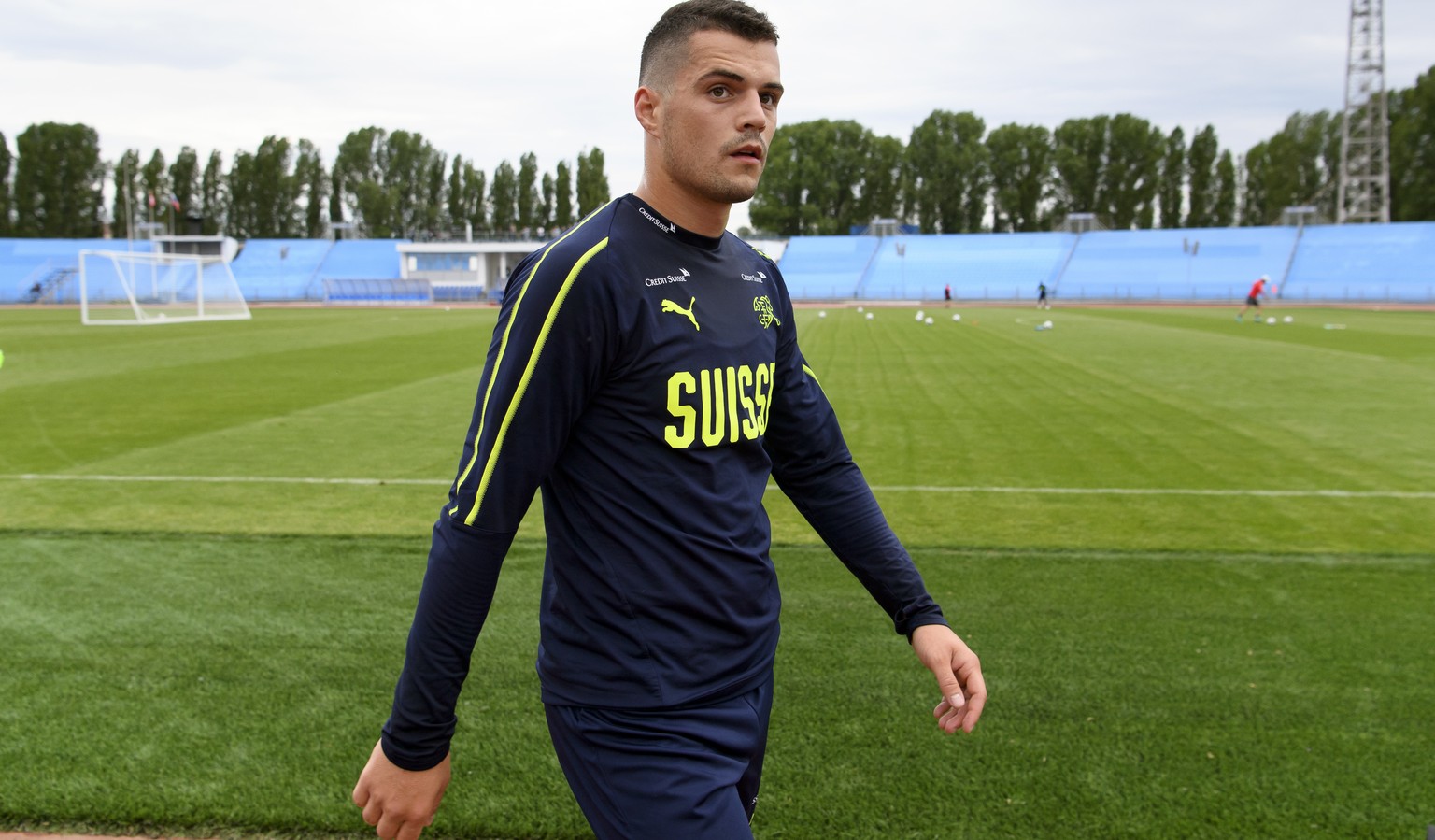Switzerland&#039;s midfielder Granit Xhaka leaves the pitch after a public training session of the Switzerland&#039;s national soccer team at the Torpedo Stadium, in Togliatti, Russia, Tuesday, June 1 ...
