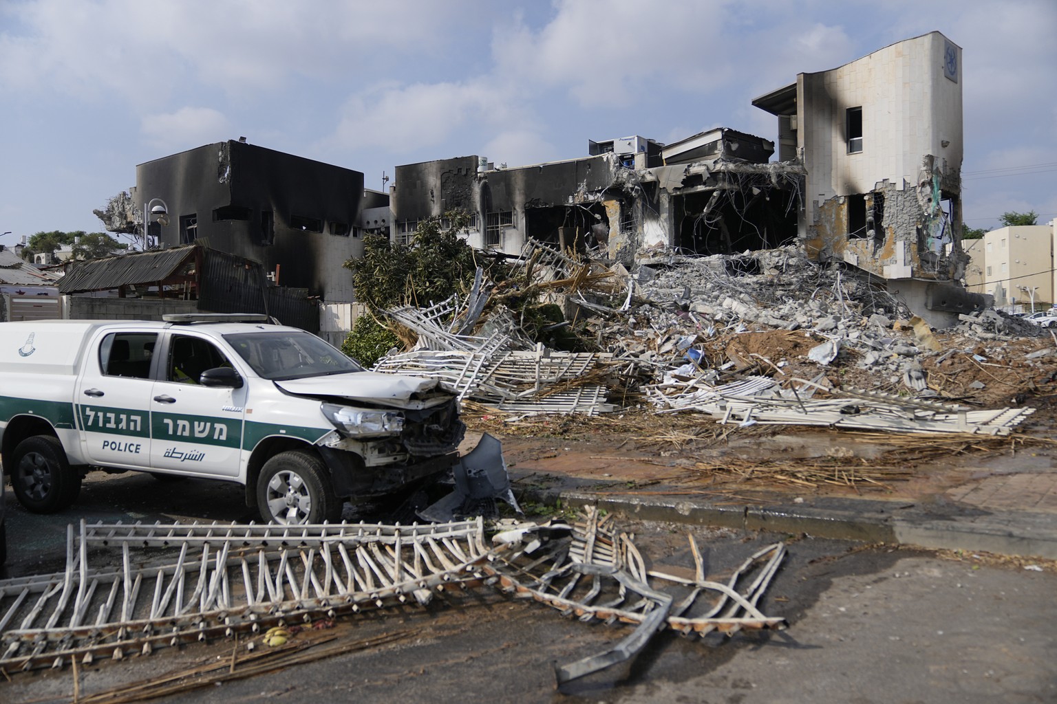 A destroyed police station that was overrun by Hamas militants on Saturday, is seen in Sderot, Israel, Sunday, Oct.8, 2023. Hamas militants stormed over the border fence Saturday, killing hundreds of  ...