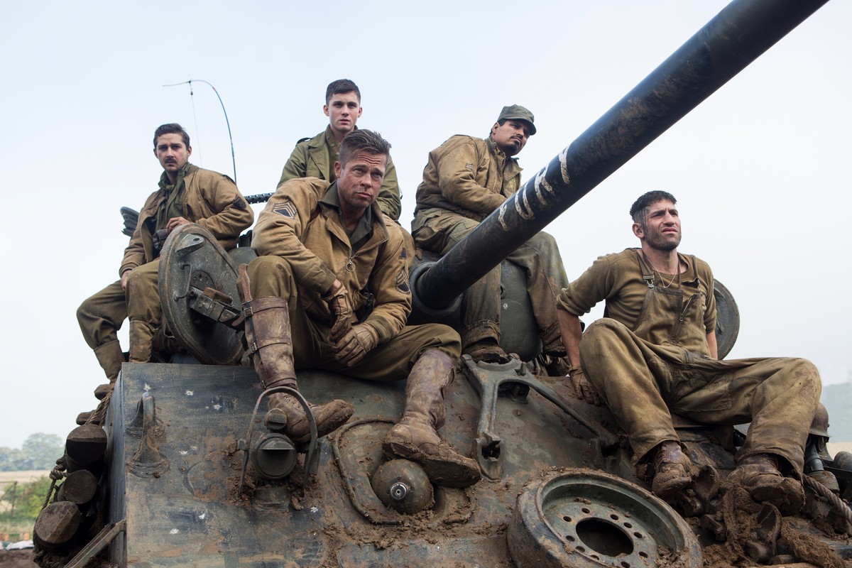 This photo released by Sony Pictures Entertainment shows, from left, Shia LaBeouf as Boyd "Bible" Swan, Logan Lerman as Norman, Brad Pitt as Sgt. Don “Wardaddy” Collier, Michael Pena as Trin ...
