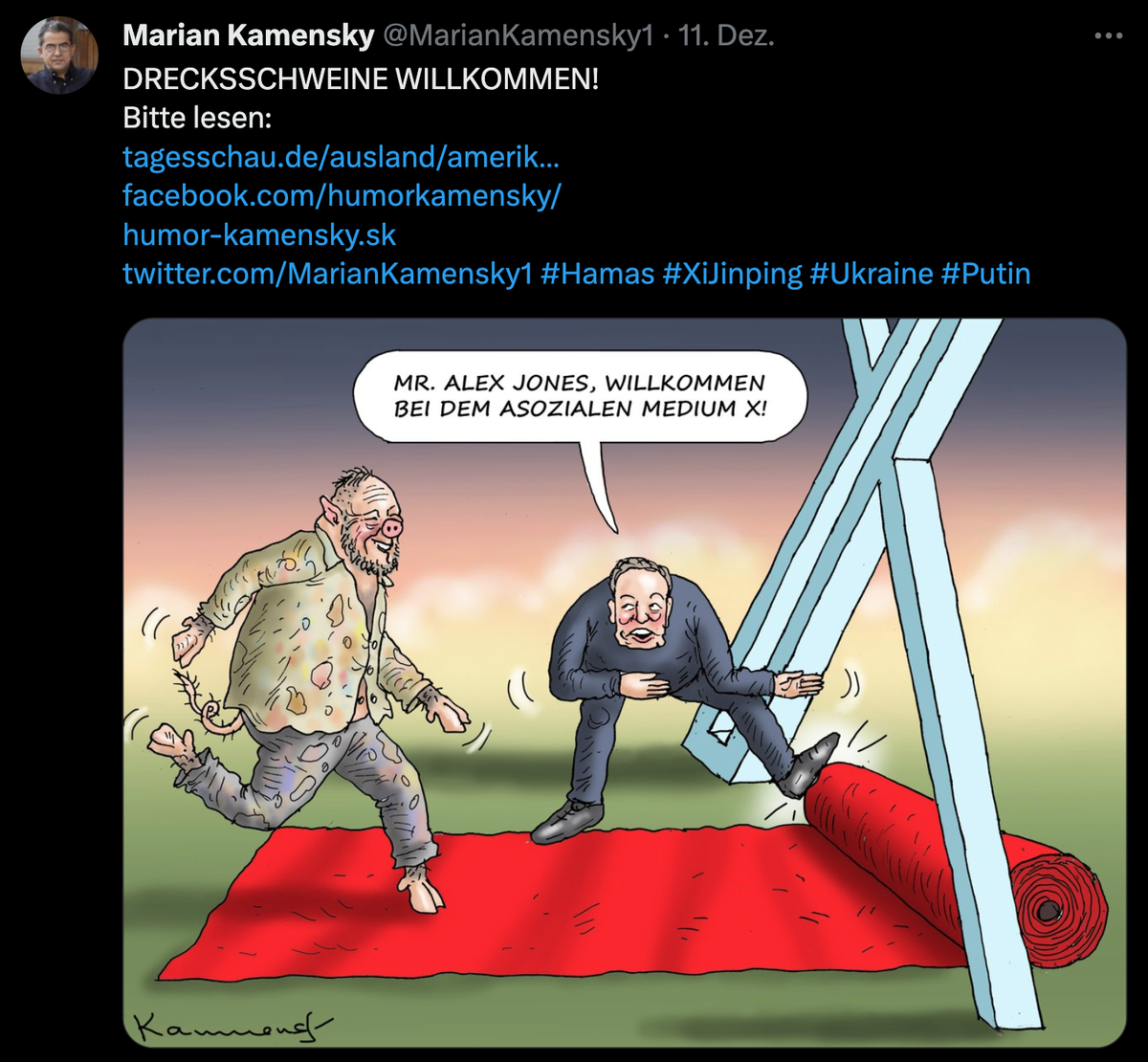 Karikatur zur Hassplattform X von Elon Musk und Alex Jones.