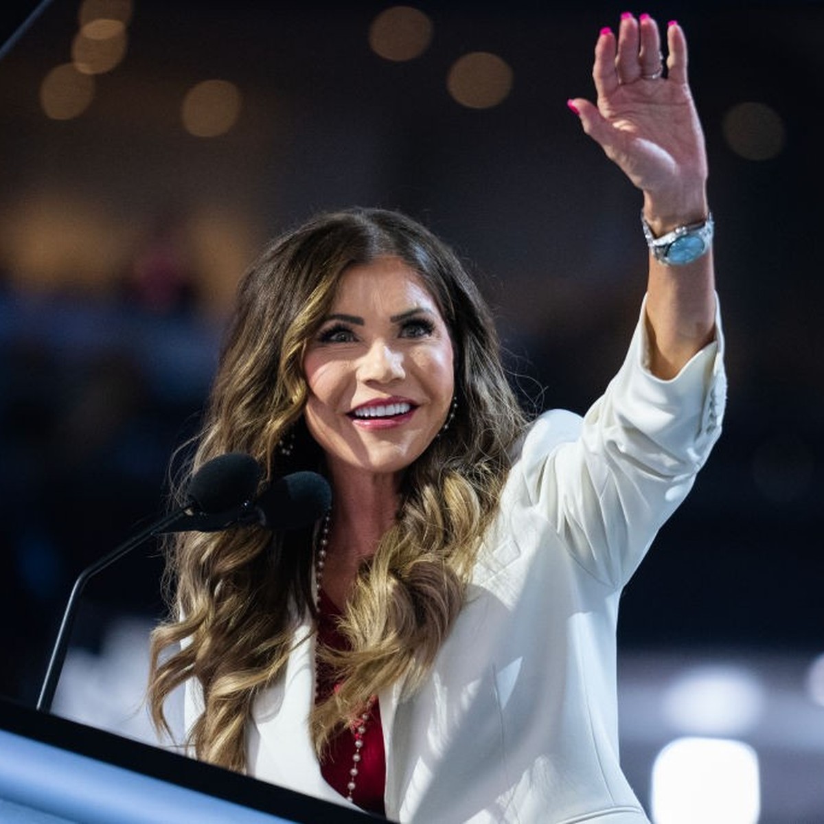 WASHINGTON - JULY 15: South Dakota Gov. Kristi Noem speaks in Fiserv Forum on the first day of Republican National Convention in Milwaukee, Wis., on Monday, July 15, 2024. (Tom Williams/CQ-Roll Call,  ...