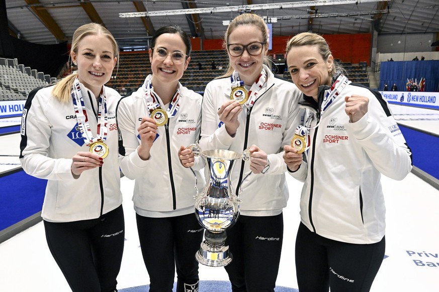 epa10544552 Briar Schwaller-Huerlimann, Carole Howald, Alina Patz, and skipper Silvana Tirinzoni of Switzerland celebrate with their gold medals of the LGT World Women's Curling Championship, in  ...